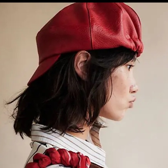 NWT Free People Carrie Distressed Lieutenant Hat 
in Cherry Red - Picture 2 of 4